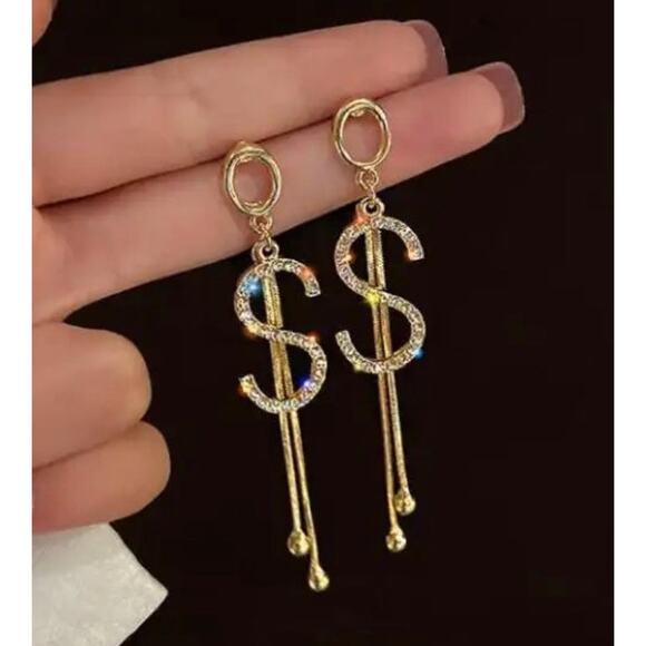 New Earrings Initial S 3" Dangle Money Dollar Sign Rhinestone Earrings S01 - Picture 1 of 1
